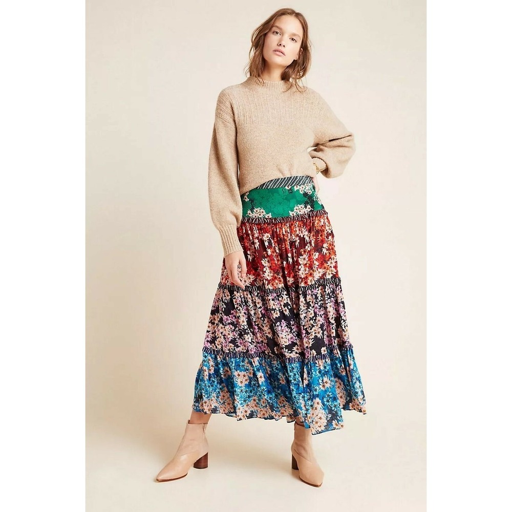 Anthropologie Bhanuni by Jyoti Anarosa Tiered Maxi Skirt Multicolor Floral‎